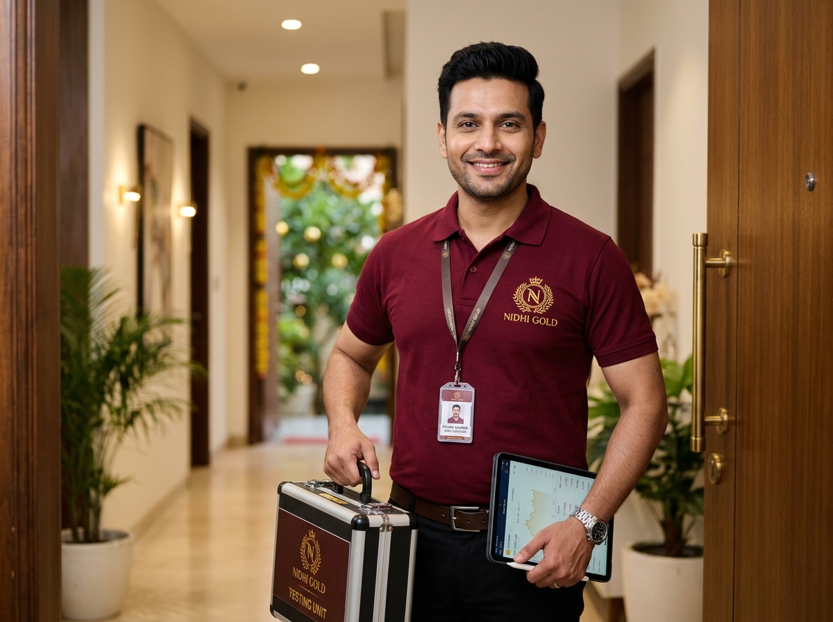 Nidhi Gold Doorstep Executive wearing branded t-shirt with company ID and gold testing unit