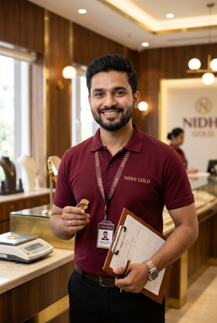 Trained Nidhi Gold Valuer holding gold testing loupe and valuation clipboard