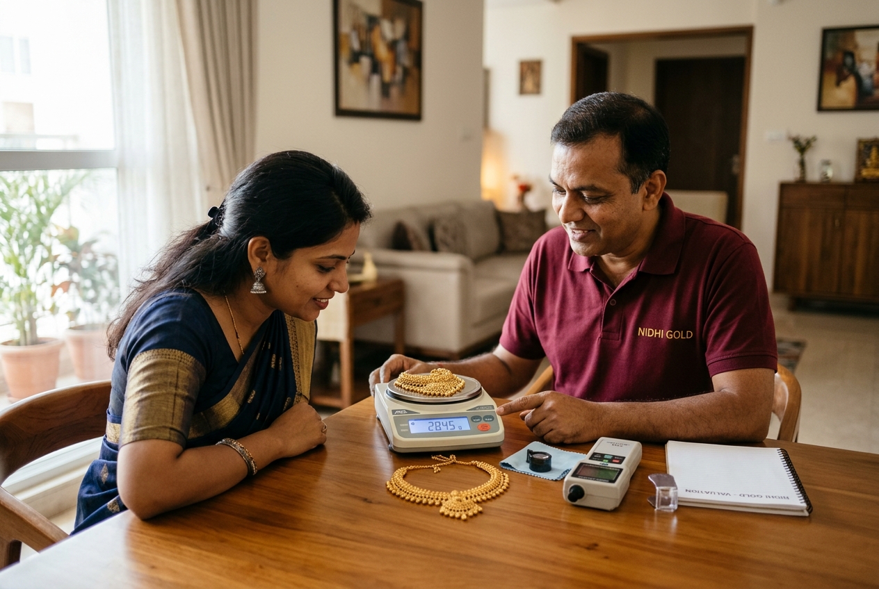 Nidhi Gold valuer weighing and testing gold jewellery at your table