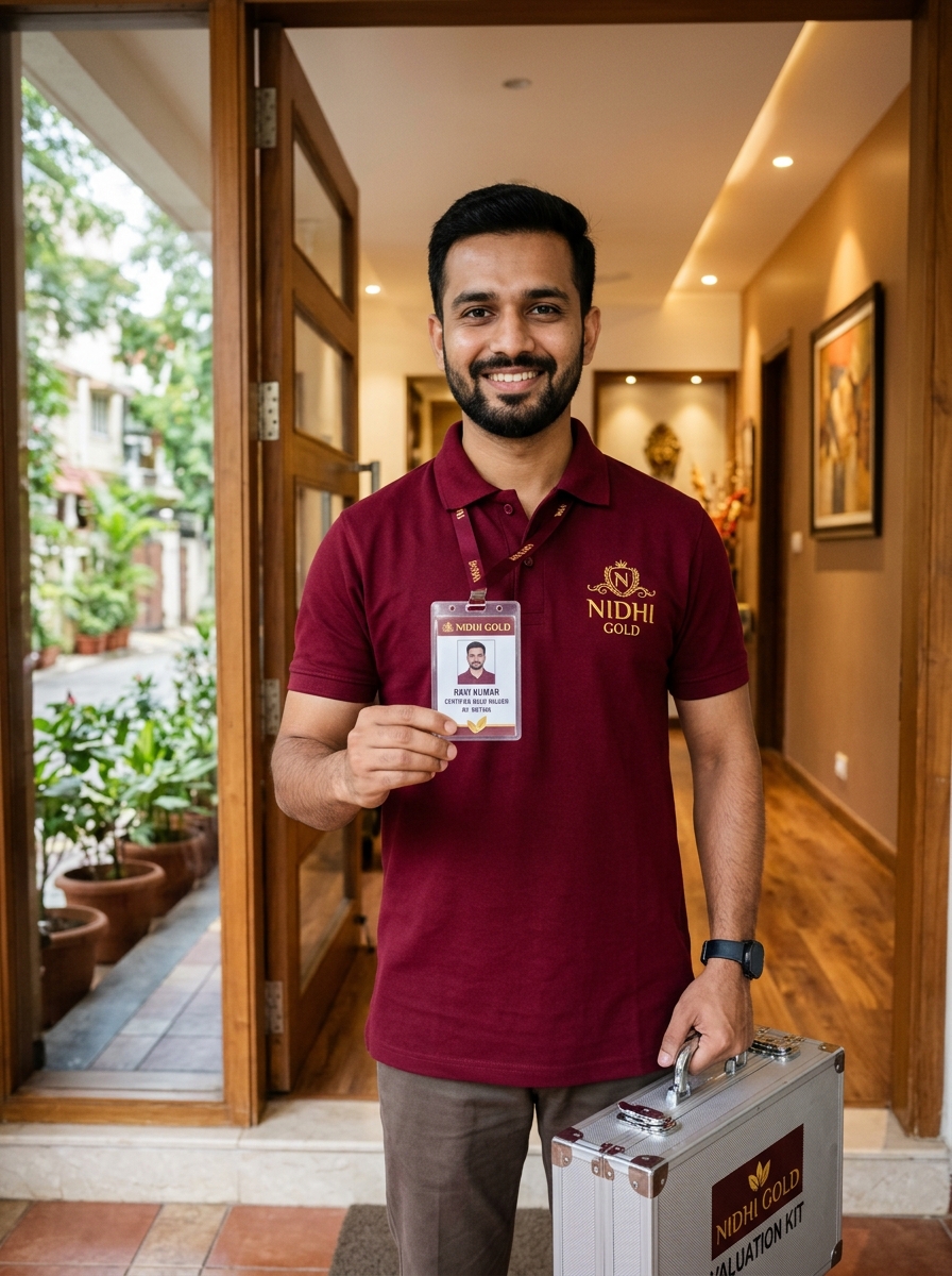 Nidhi Gold Valuer holding up company ID card at the door for verification